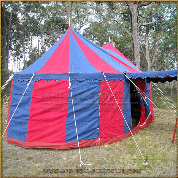 Medieval Oval Tent - 8m Red + Blue Side Alternate Angle
