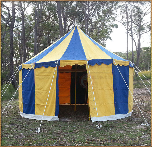 Blue + Yellow Pavilion - Striped Round Tent (5m diameter) Entrance Open